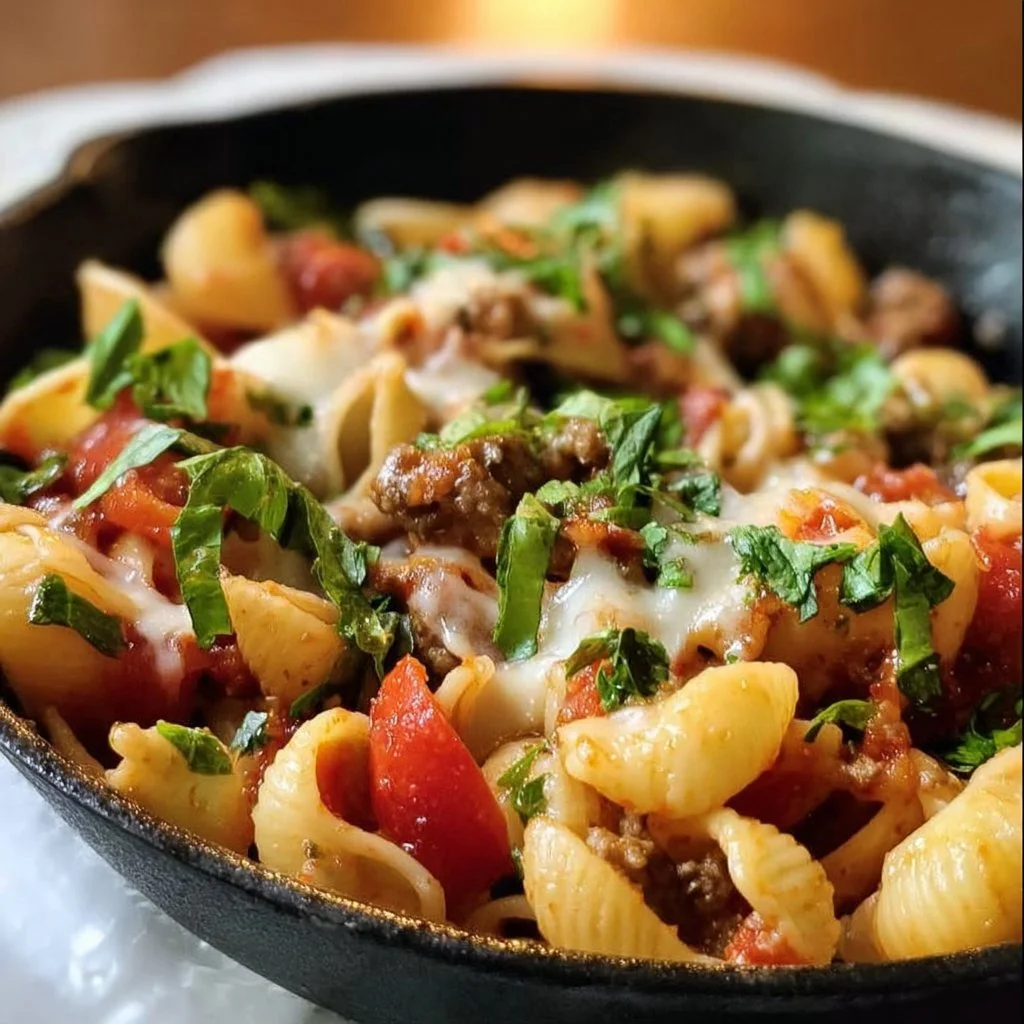 Delicious Dinner Skillet Pasta served in a skillet with fresh ingredients