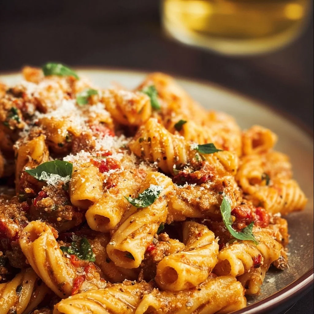 A bowl of Dirty Pasta topped with herbs and spices.