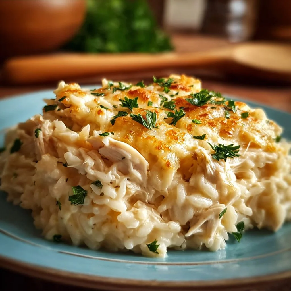 Delicious Dump-and-Bake Chicken Alfredo Rice Casserole ready to serve
