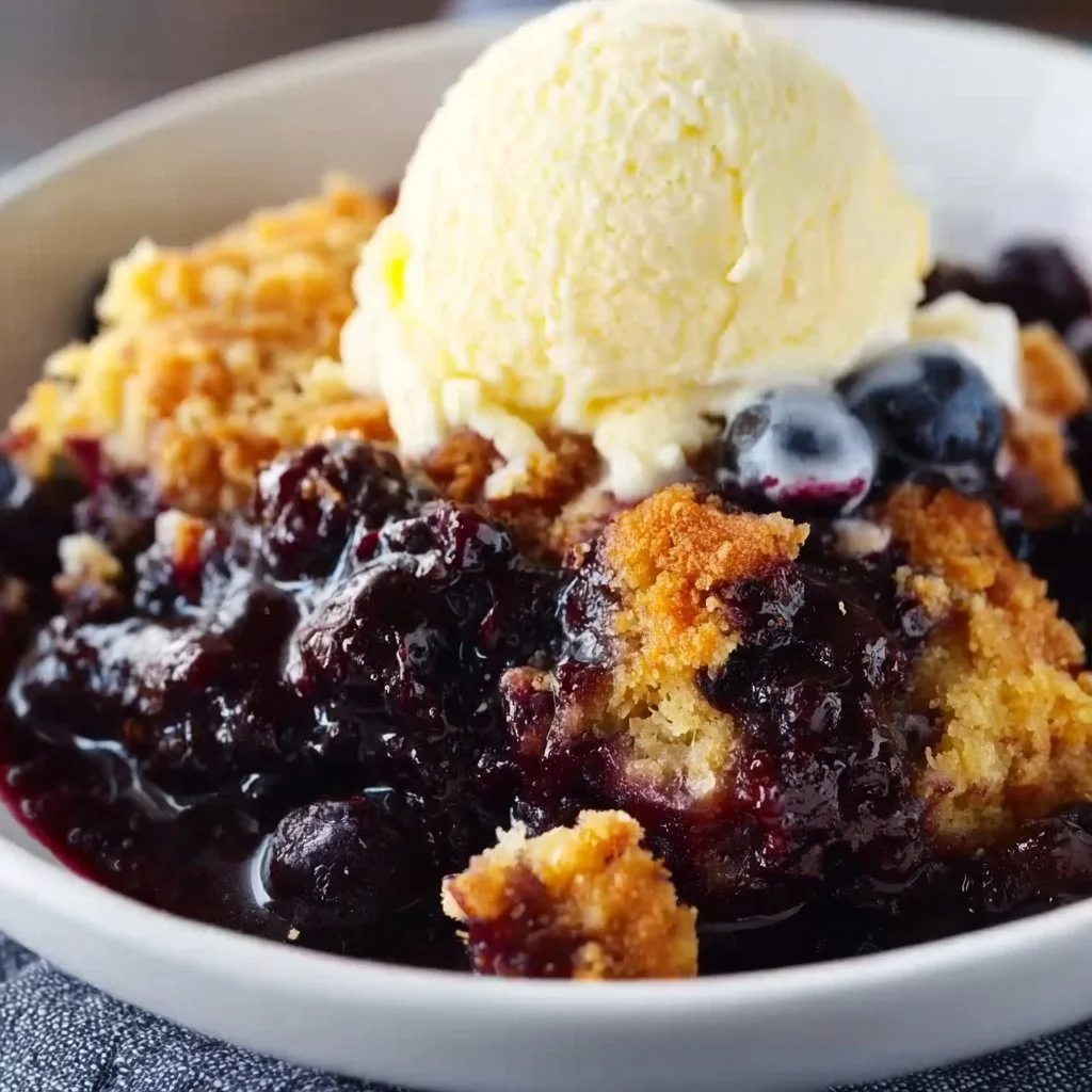 Easy blueberry dump cake served with a scoop of vanilla ice cream
