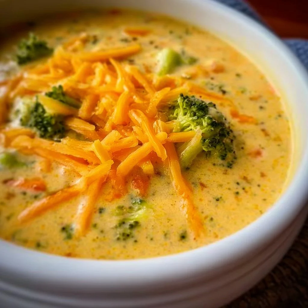 Bowl of easy broccoli cheddar soup garnished with cheese and broccoli florets
