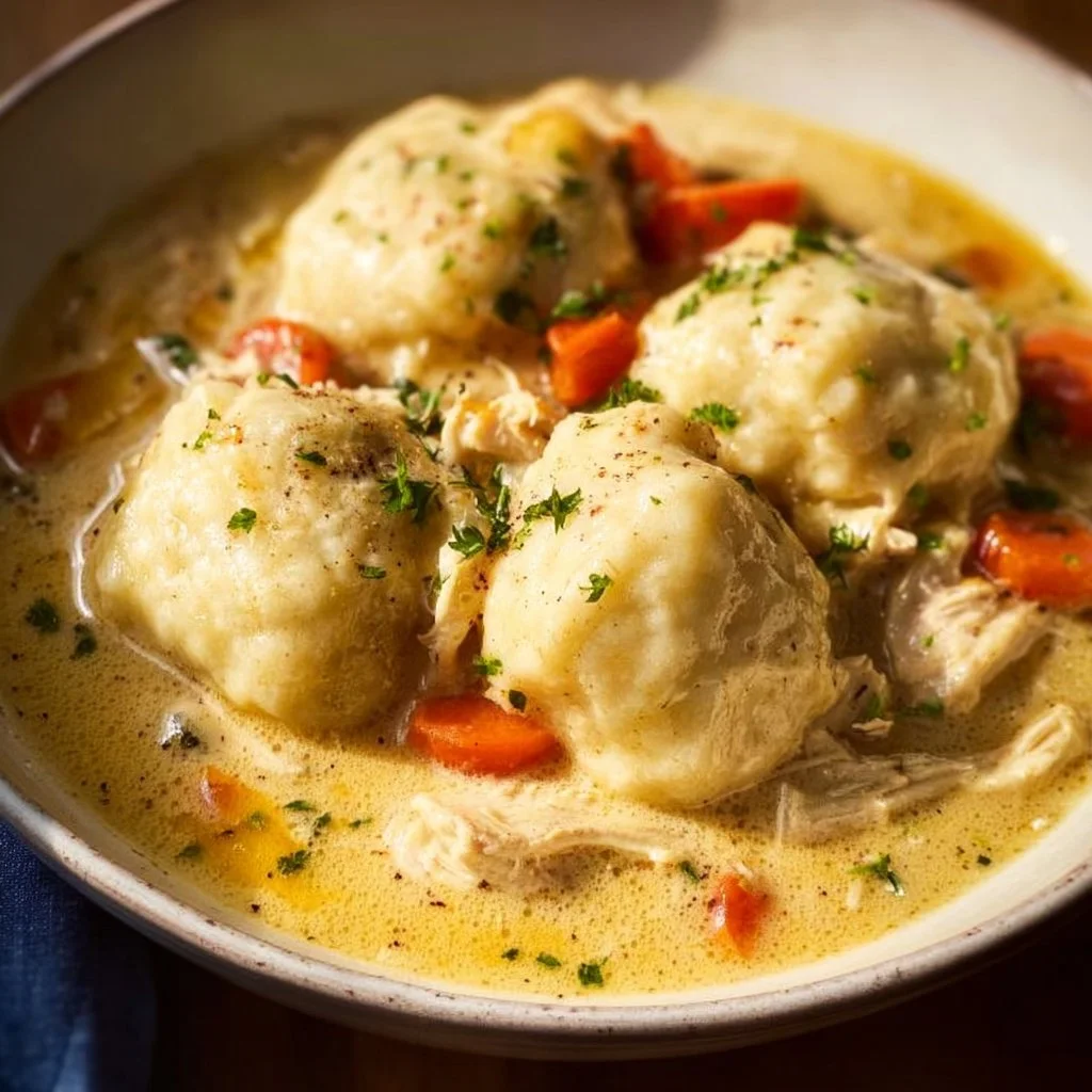 Bowl of easy chicken and dumplings with herbs and vegetables