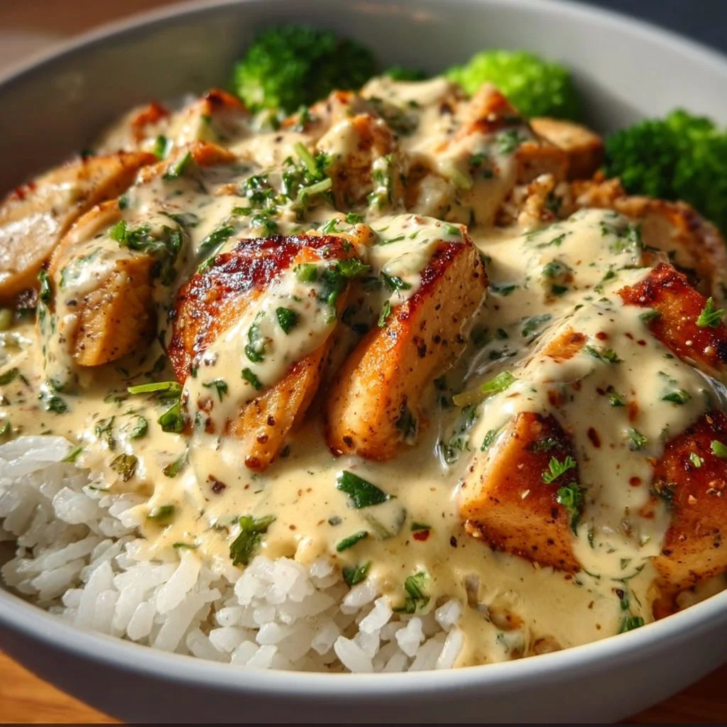 Delicious chicken rice bowls with creamy garlic sauce ready to serve