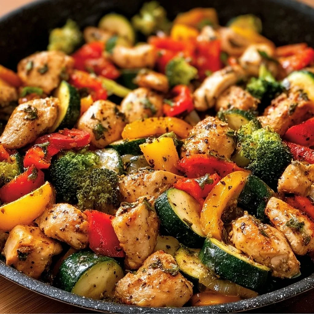 Delicious chicken veggie skillet dinner with colorful vegetables.