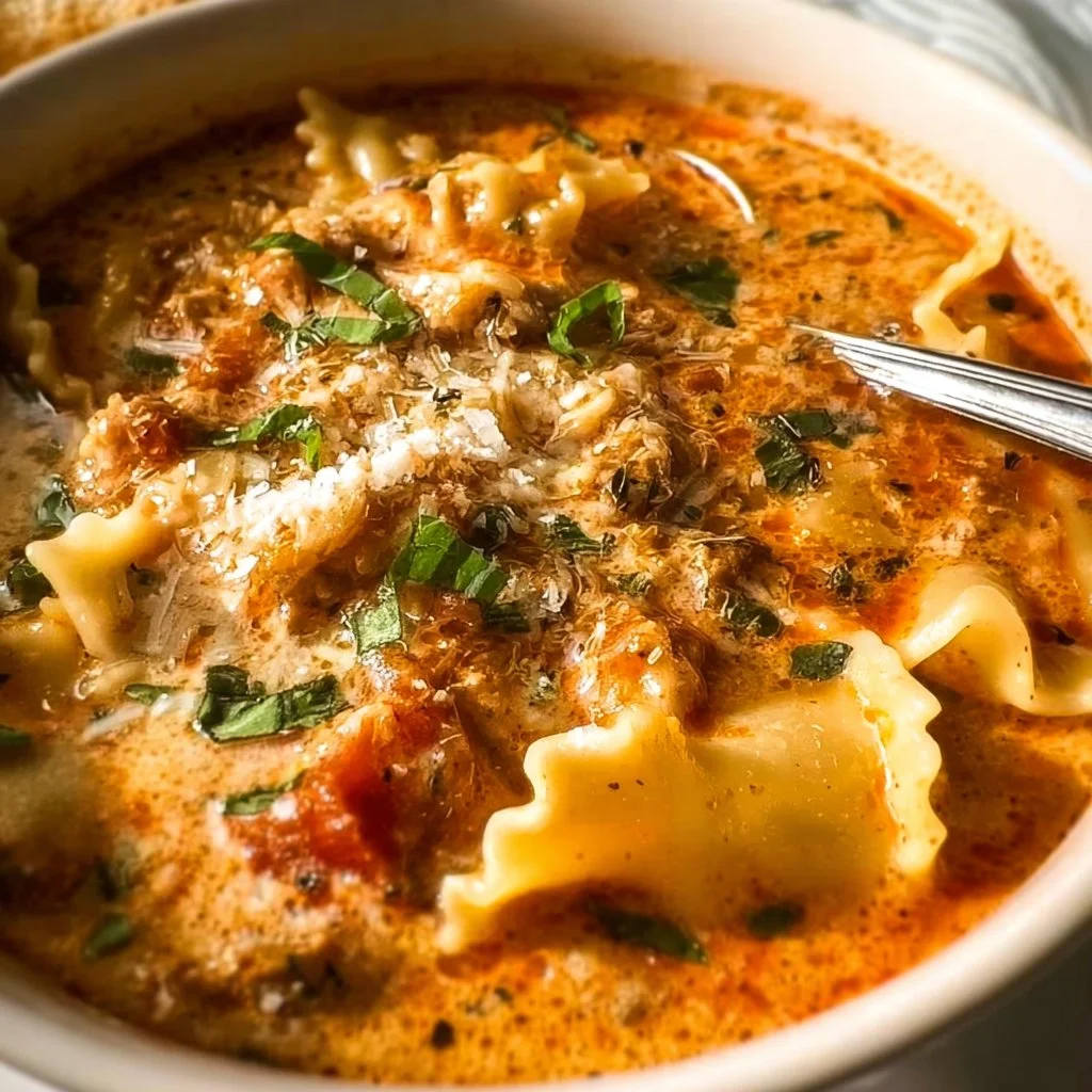 Bowl of Easy Creamy Lasagna Soup garnished with herbs and cheese