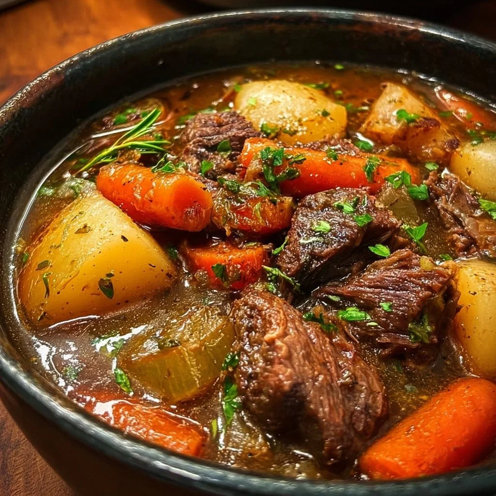 Delicious easy crock pot beef stew in a bowl with fresh herbs on top.
