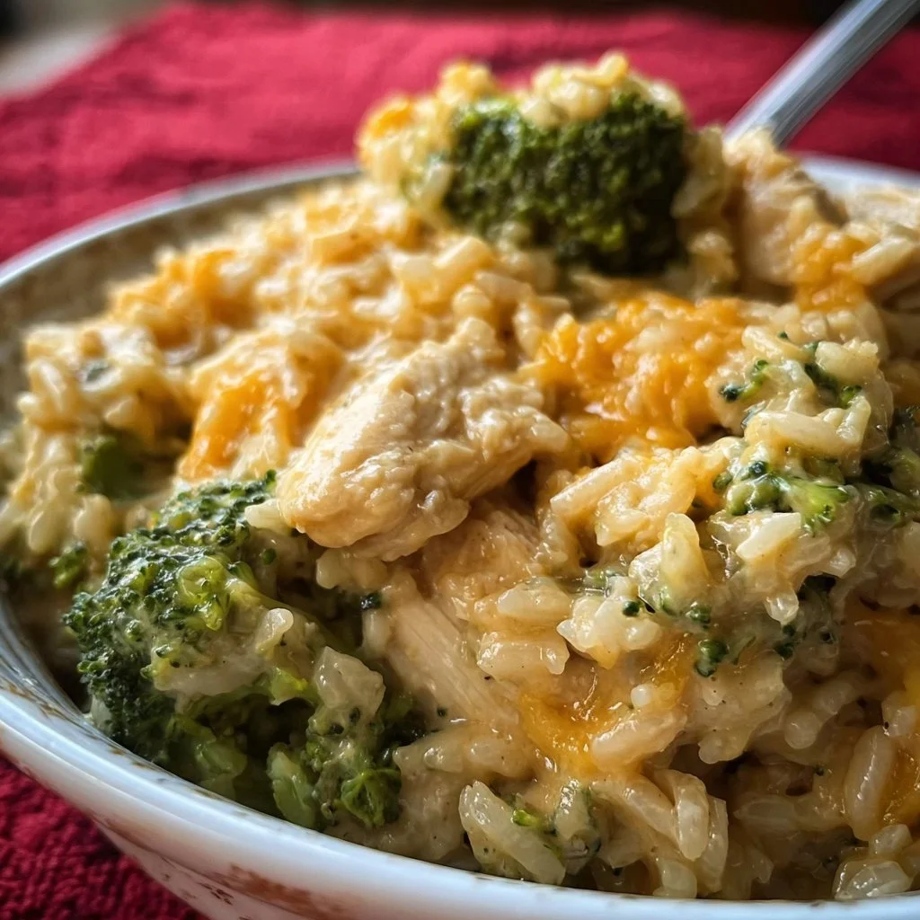 Easy crockpot cheesy chicken with broccoli and rice dish