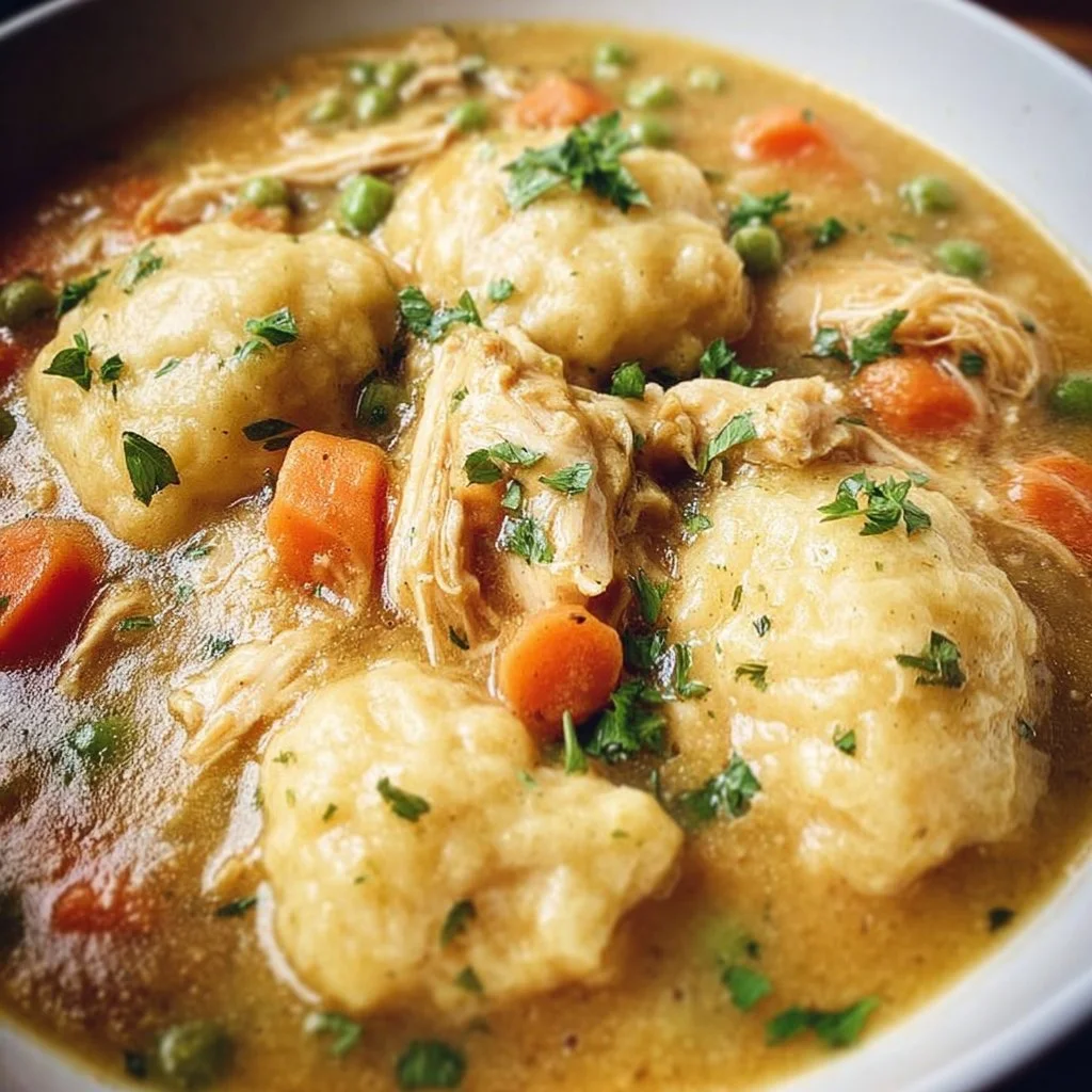 Bowl of easy crockpot chicken and dumplings garnished with parsley
