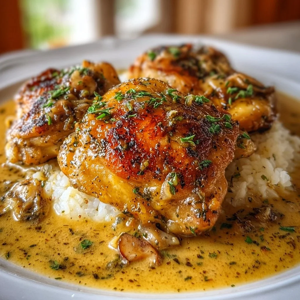 Easy Crockpot chicken thighs with creamy gravy ready to serve