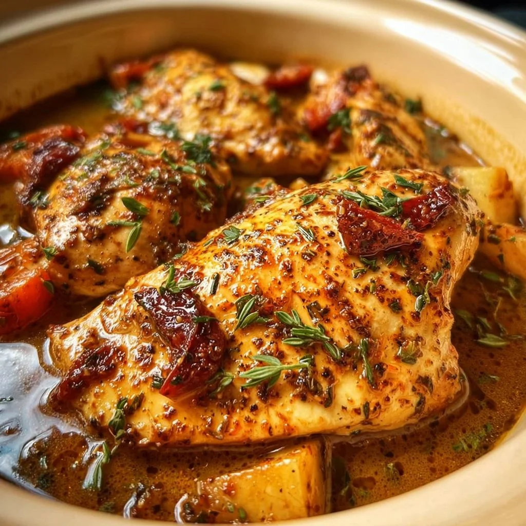 Delicious Easy Crockpot Marry Me Chicken served on a plate with herbs