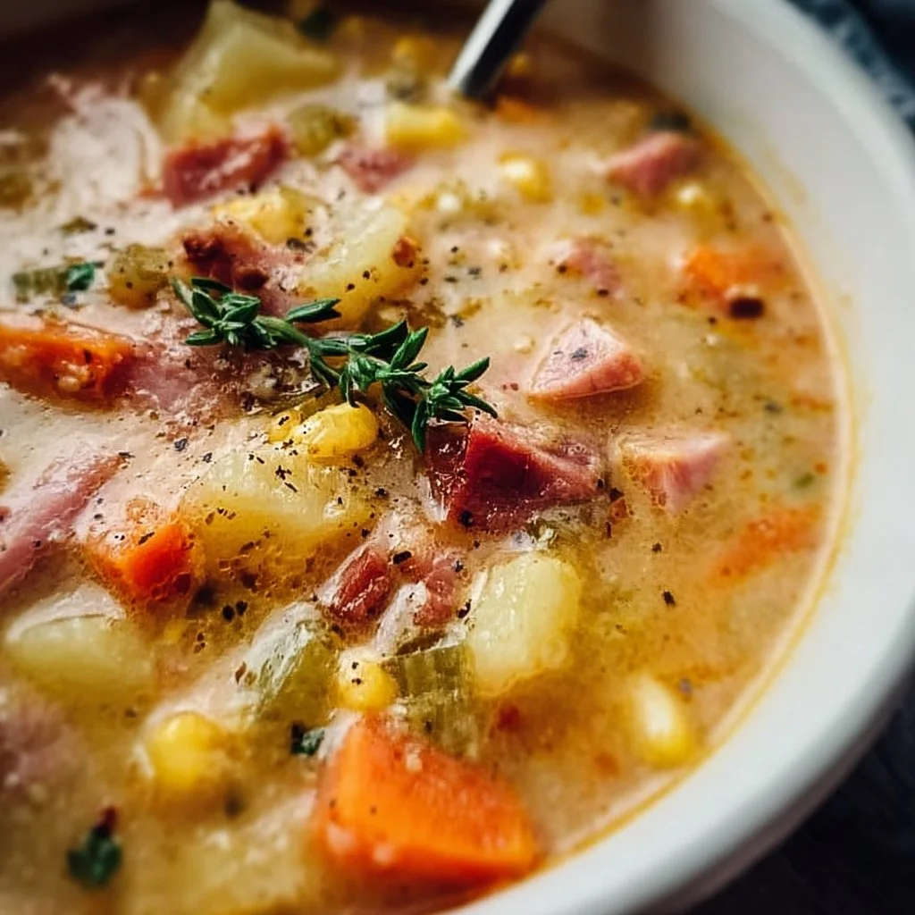 Bowl of easy ham and potato soup topped with herbs.