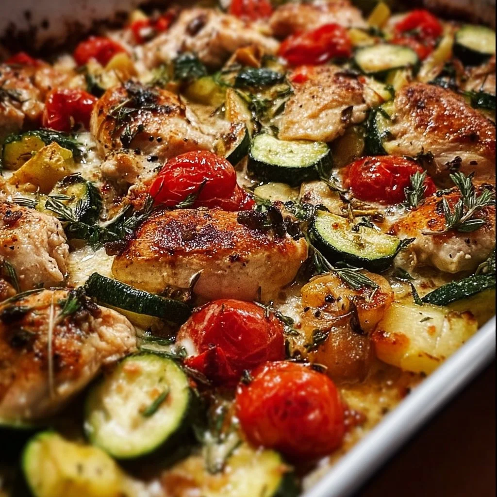 Easy sheet pan Mediterranean chicken with zucchini ready to serve