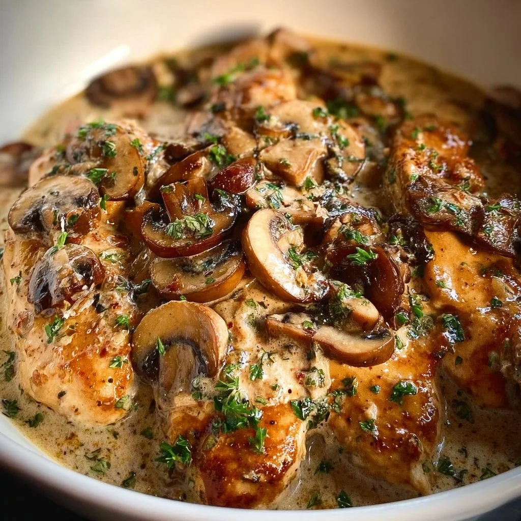 Delicious easy mushroom chicken dish served with vegetables