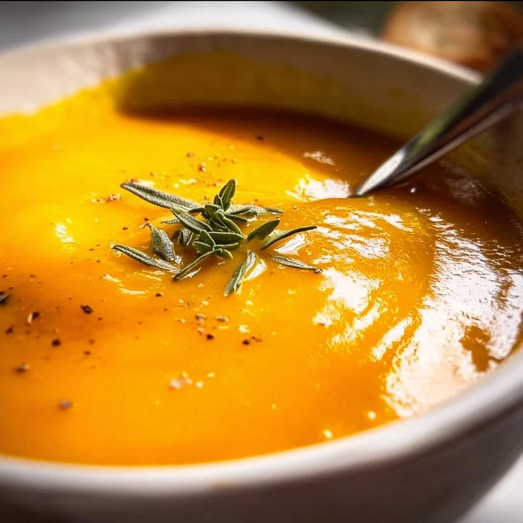 Bowl of easy pumpkin soup garnished with herbs and cream