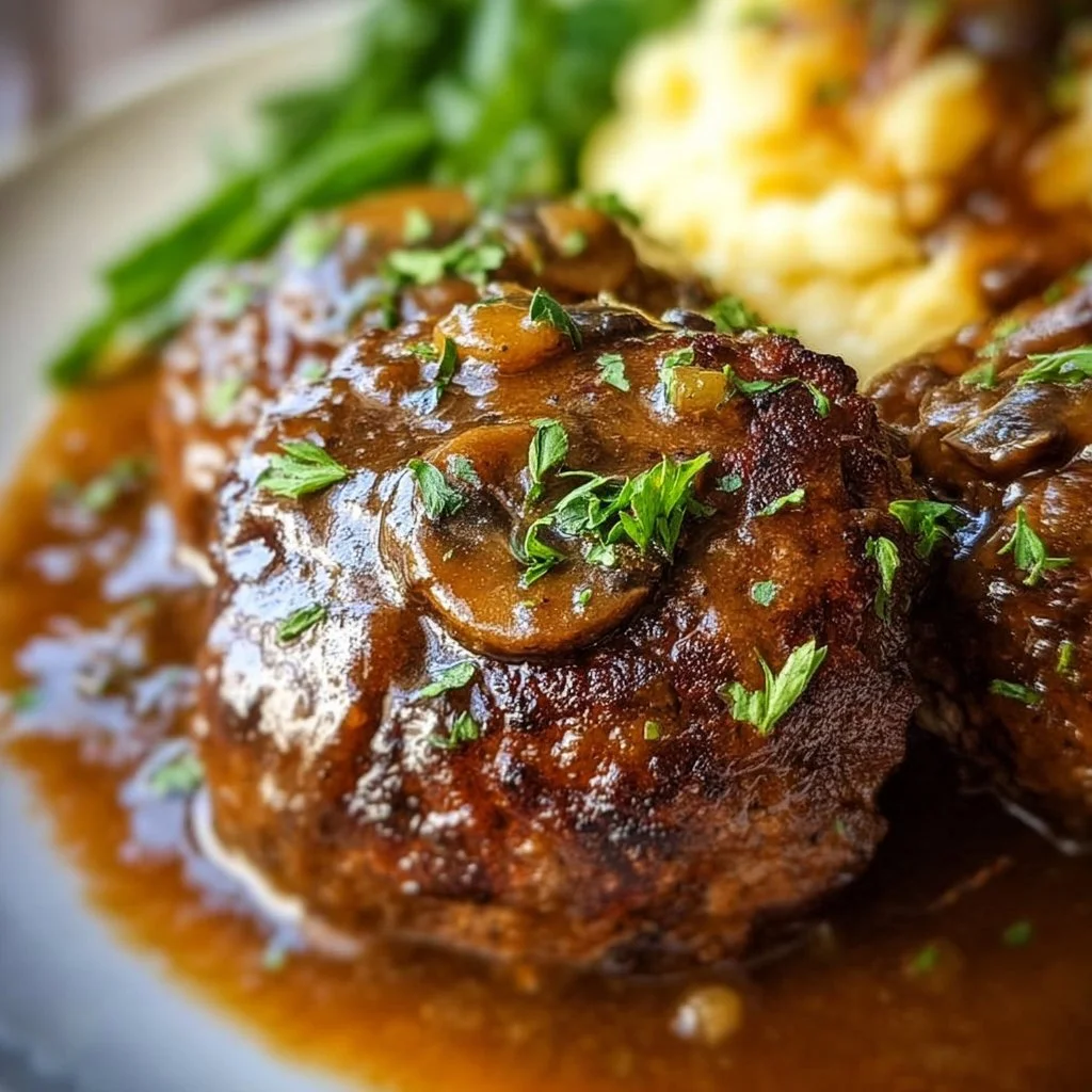 Easy slow cooker Salisbury steaks served with gravy over mashed potatoes