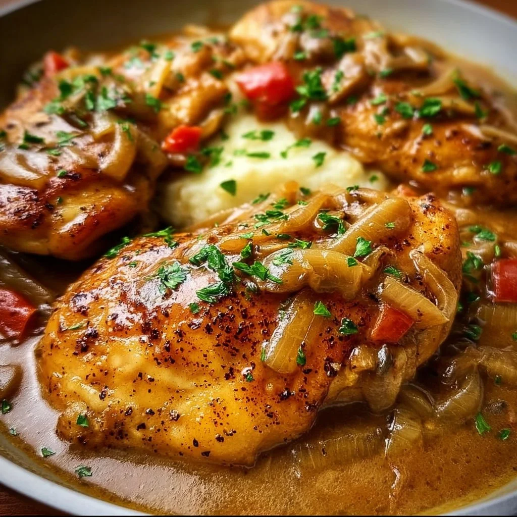 Easy stovetop smothered chicken served on a plate with gravy and herbs