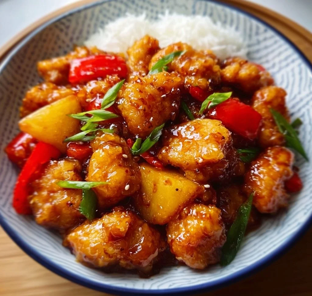 Delicious easy sweet and sour chicken served with colorful vegetables