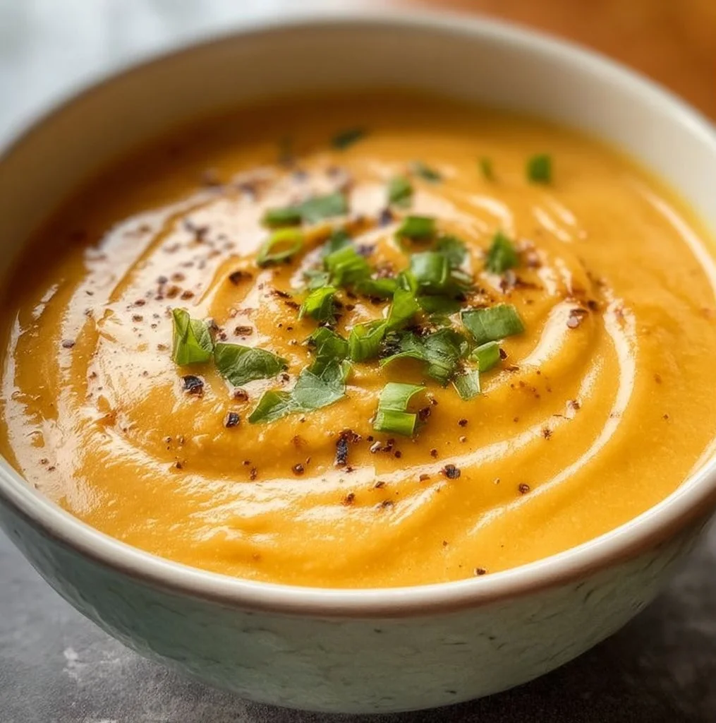 Bowl of easy sweet potato soup garnished with herbs and a spoon