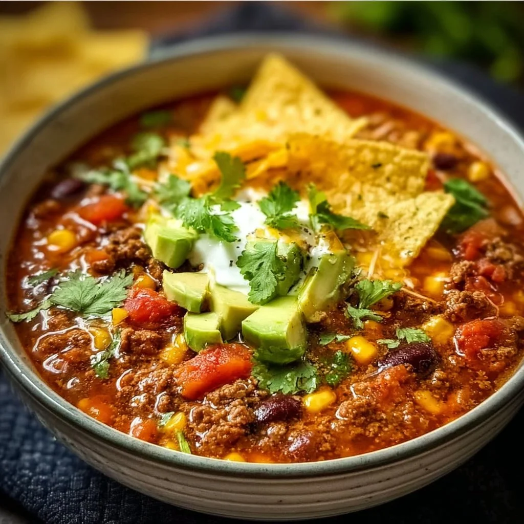 Bowl of easy taco soup garnished with cilantro and avocado