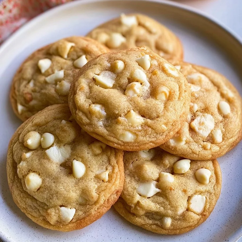 Batch of easy white chocolate chip cookies on a cooling rack.