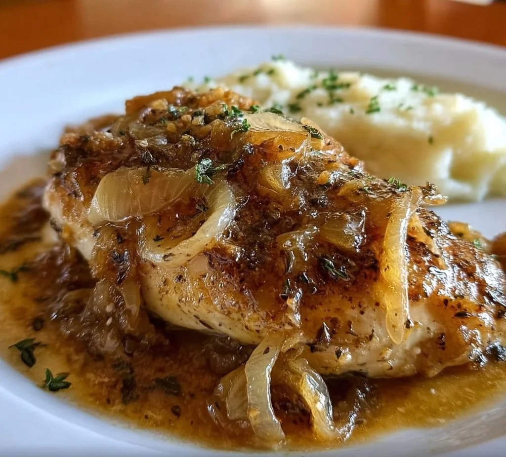 Delicious French onion chicken cooked in a crockpot with melted cheese and caramelized onions