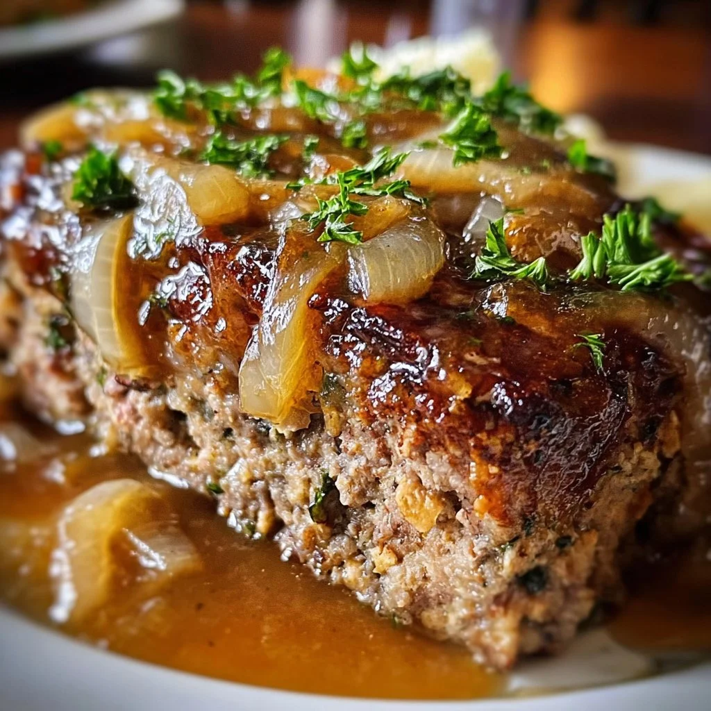French onion meatloaf topped with melted cheese and caramelized onions on a plate.
