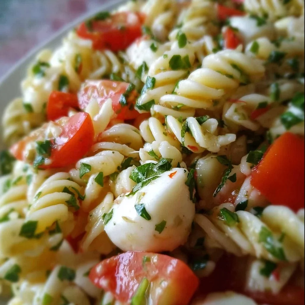 Colorful Fresh Mozzarella Pasta Salad with vegetables and herbs