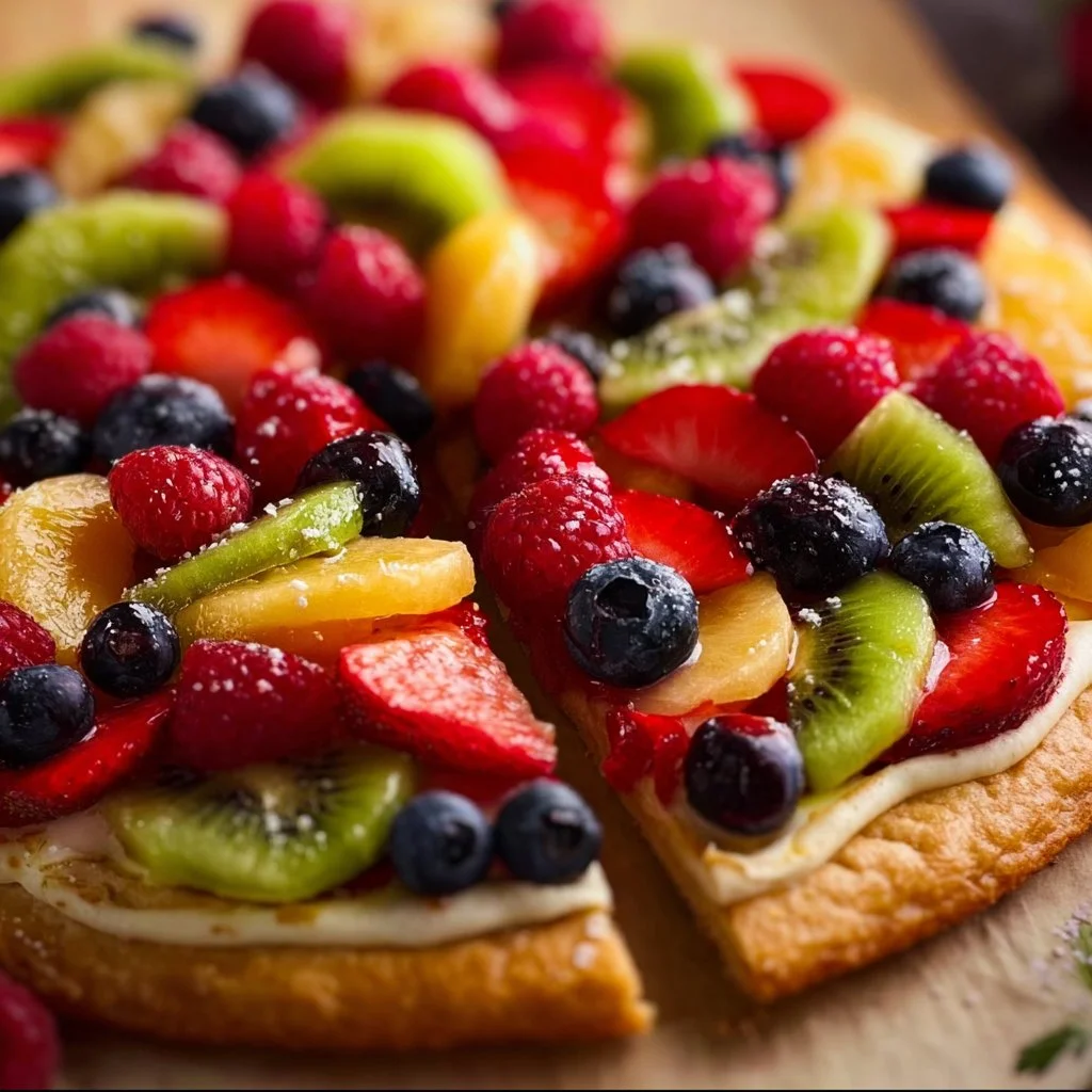 Delicious fruit pizza topped with vibrant fresh fruits and a creamy spread.