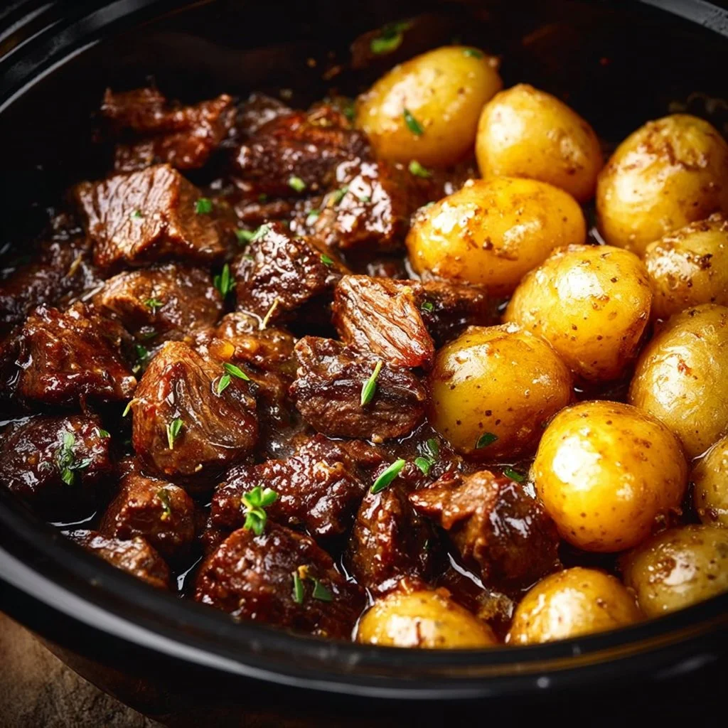Garlic Butter Beef Bites served with crispy potatoes