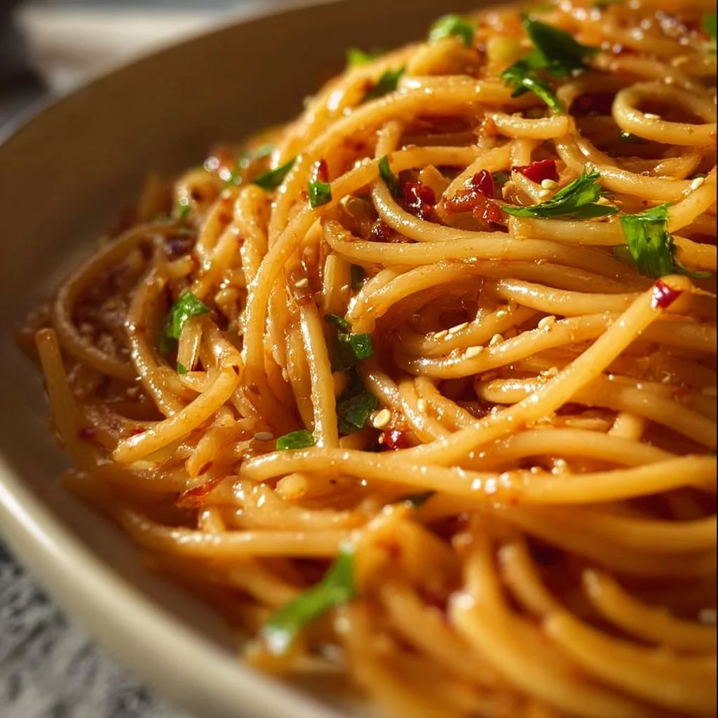 Delicious garlic noodles garnished with green onions and herbs