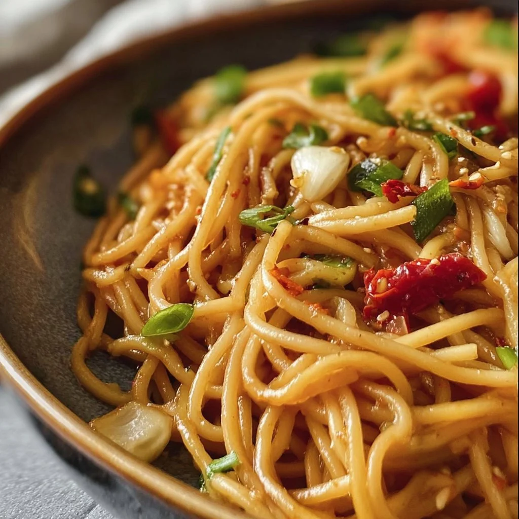 Delicious garlic noodles topped with fresh herbs and spices.