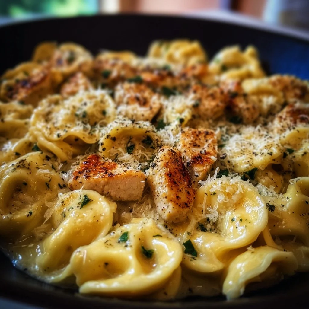 Delicious garlic parmesan chicken tortellini served with fresh herbs.