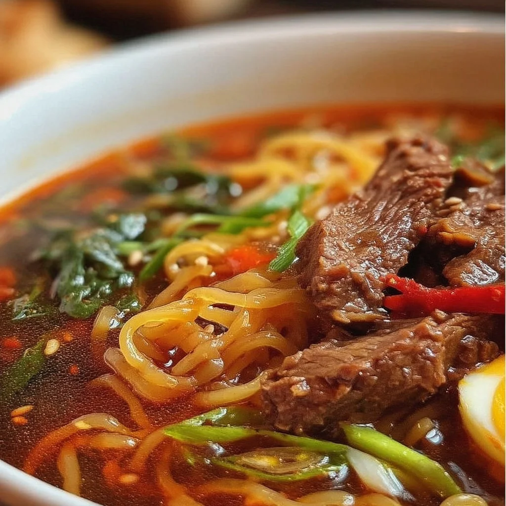 Delicious bowl of ginger beef noodle soup with fresh herbs and beef slices