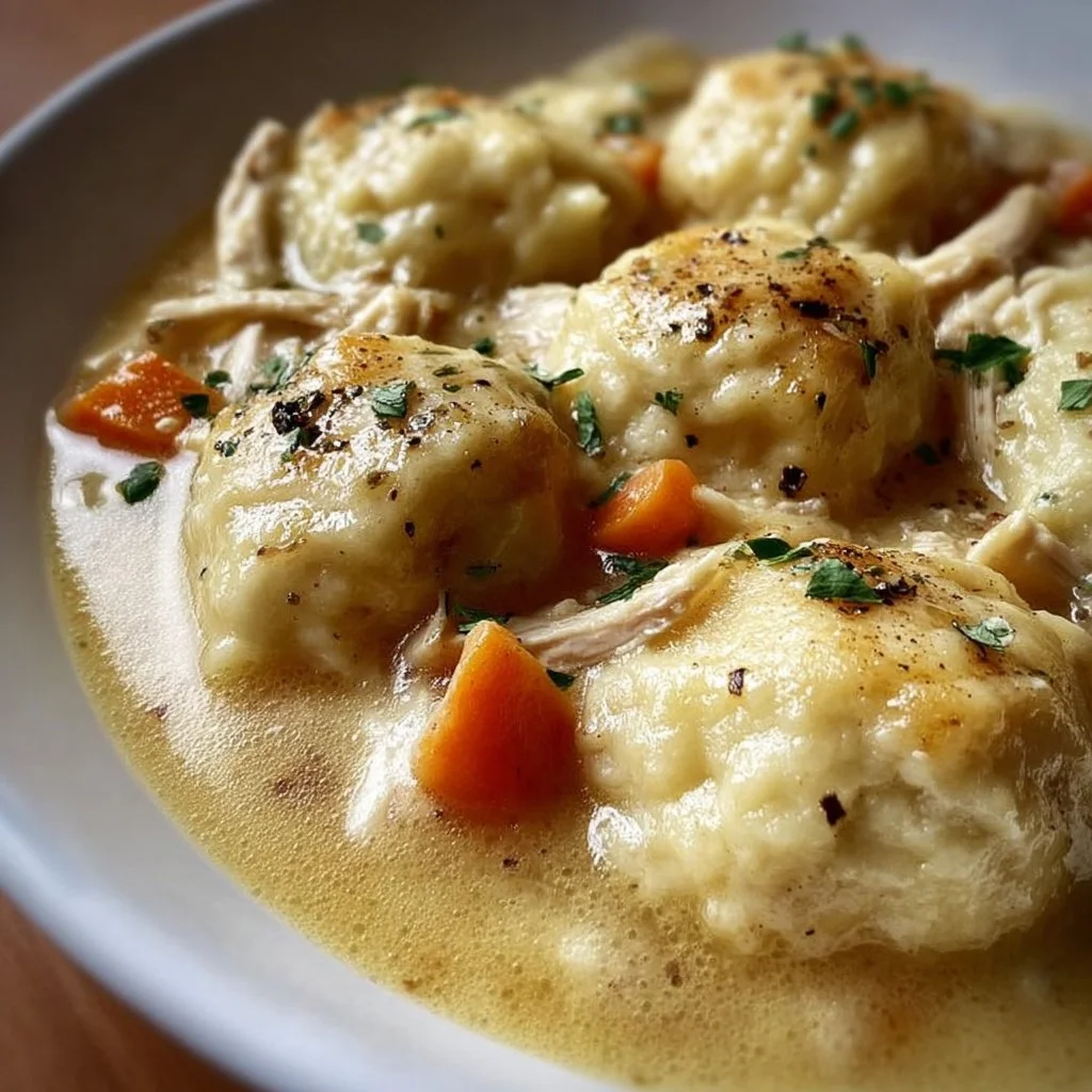 Gluten free chicken and dumplings served in a bowl, delicious and comforting meal