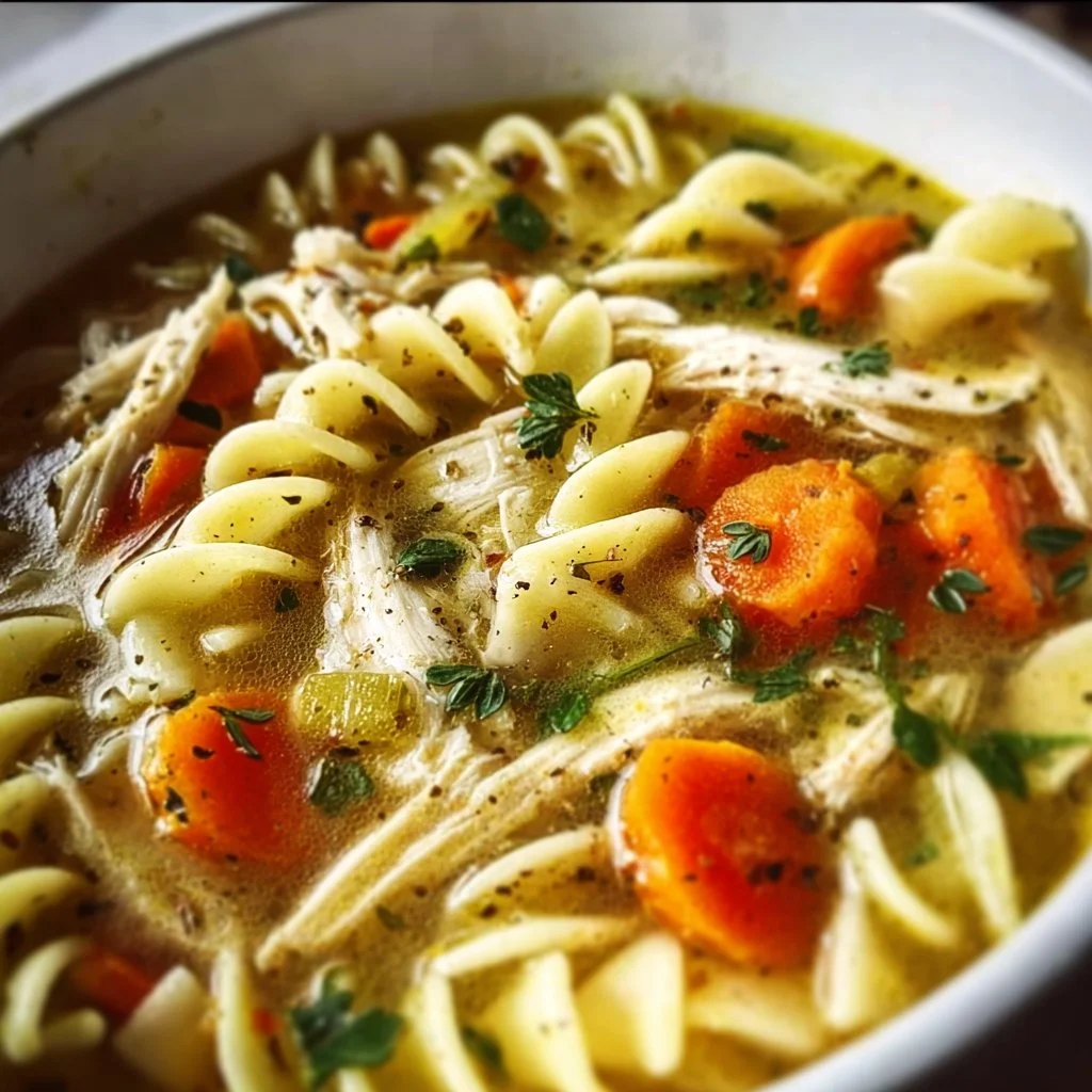 Bowl of gluten-free chicken noodle soup with fresh vegetables and herbs