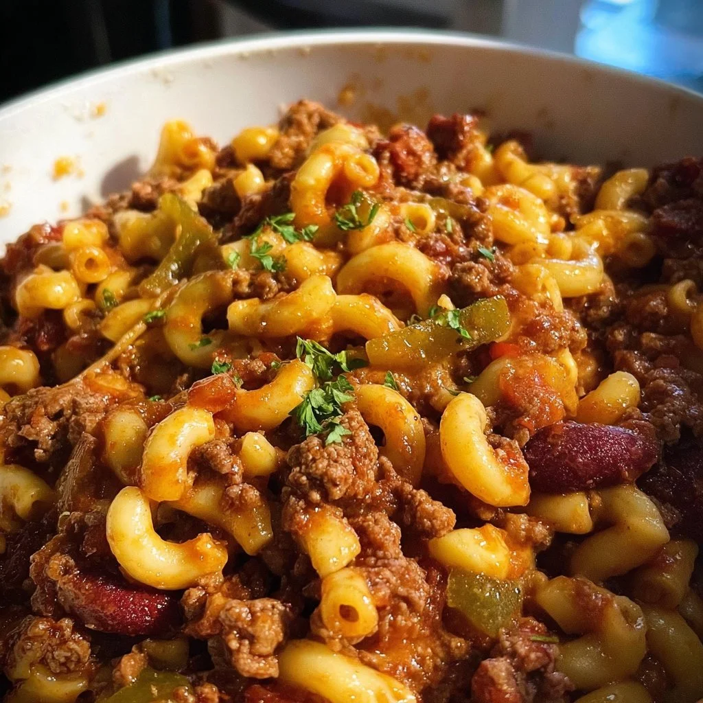 A plate of Gramma's Old-Fashioned Chili Mac, featuring pasta and spicy chili sauce.