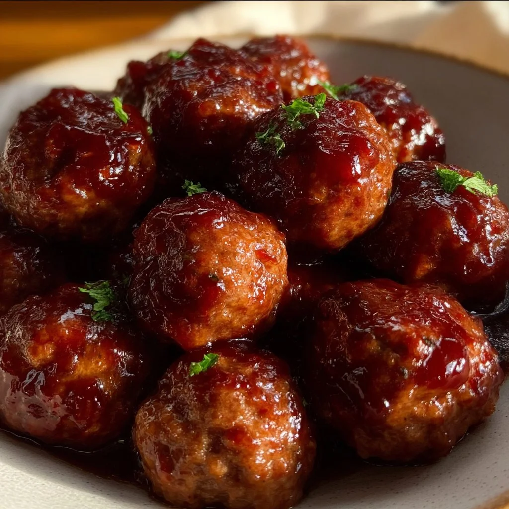 Plate of juicy grape jelly meatballs served with toothpicks
