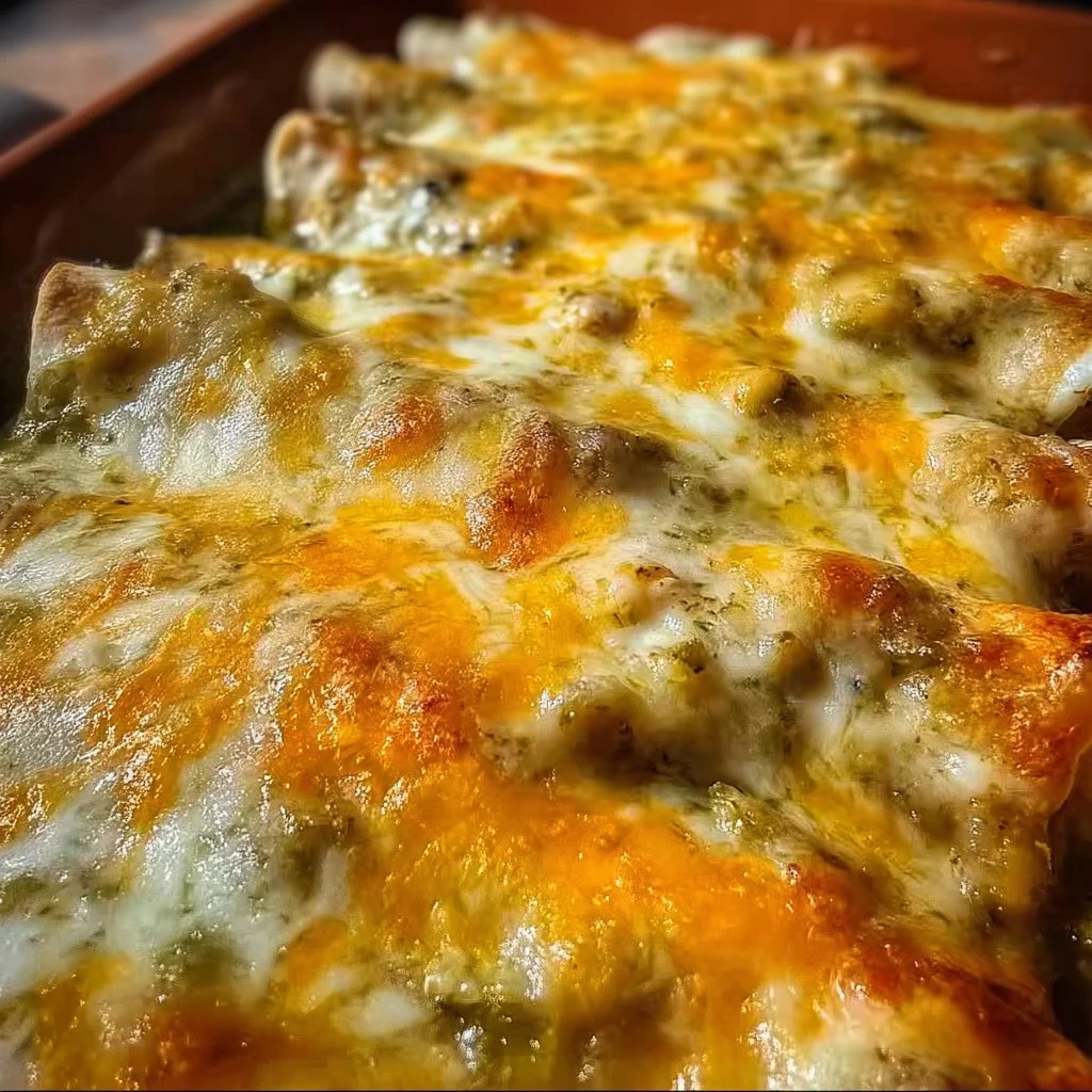 Green chili chicken enchiladas served with toppings