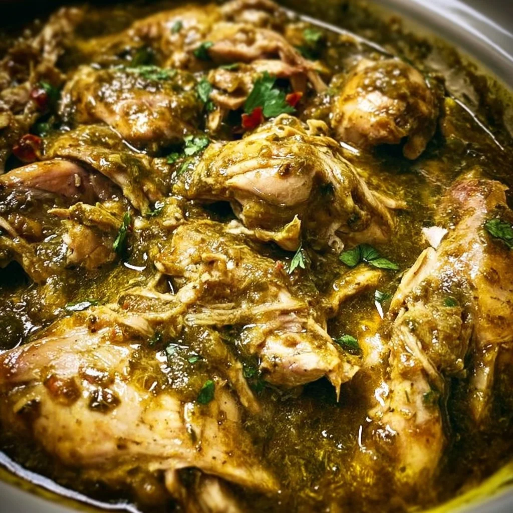 Delicious Green Sauce Slow Cooker Chicken served in a bowl with herbs and spices