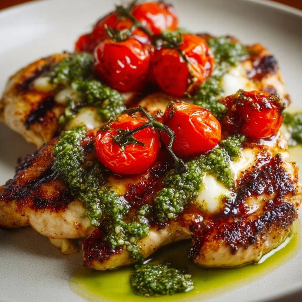 Grilled chicken Margherita topped with fresh basil and mozzarella cheese