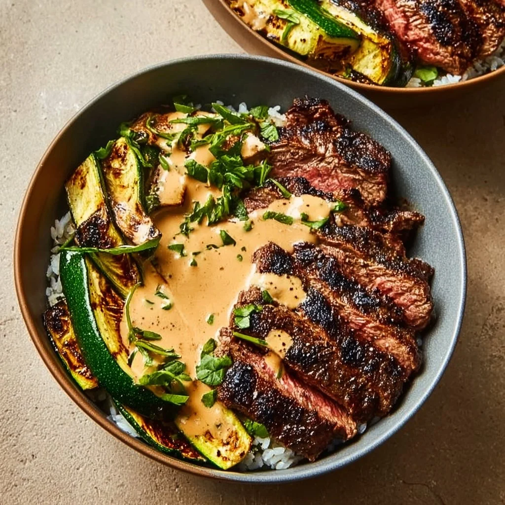 Grilled steak bowl with smoky zucchini, topped with fresh herb sauce