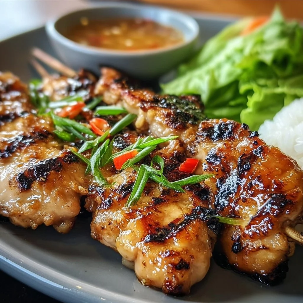 Deliciously grilled Vietnamese chicken served with fresh herbs and vegetables.