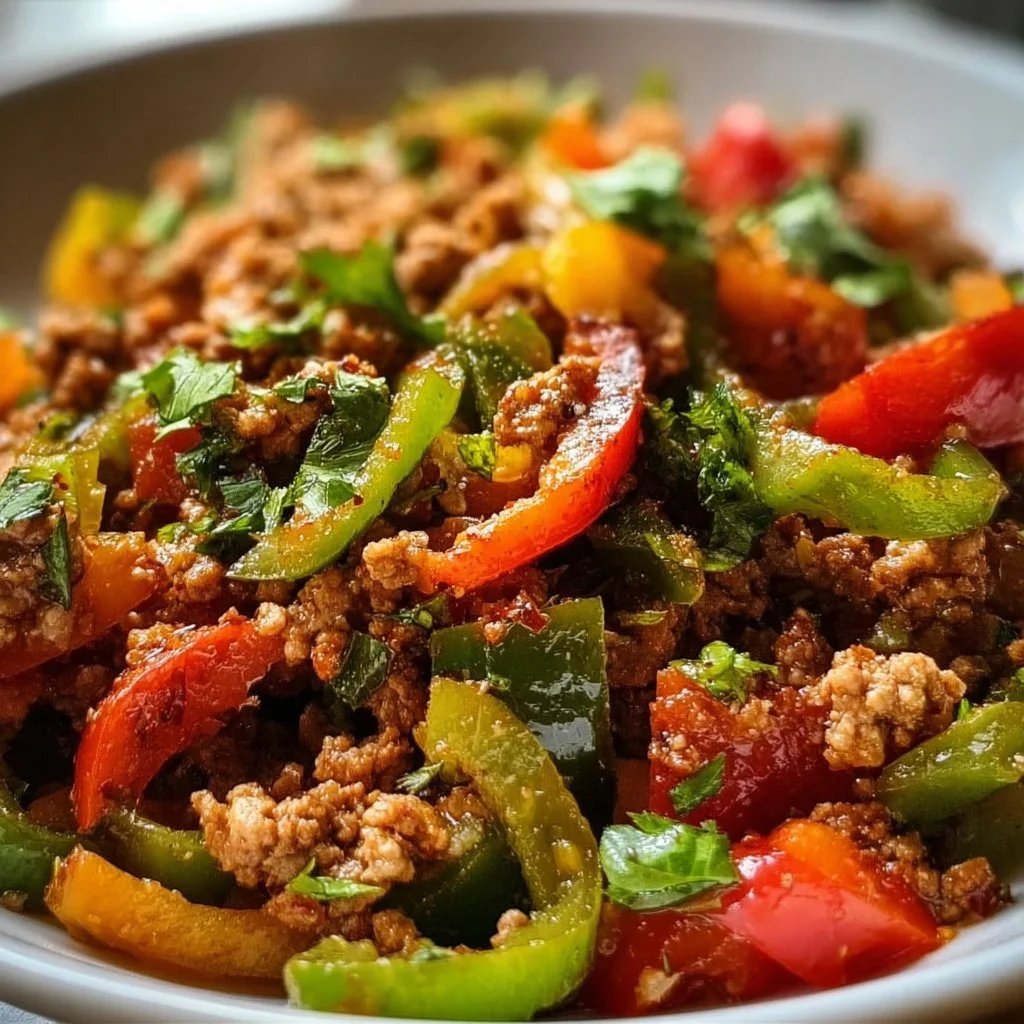Ground turkey and peppers dish served on a plate, garnished with herbs.