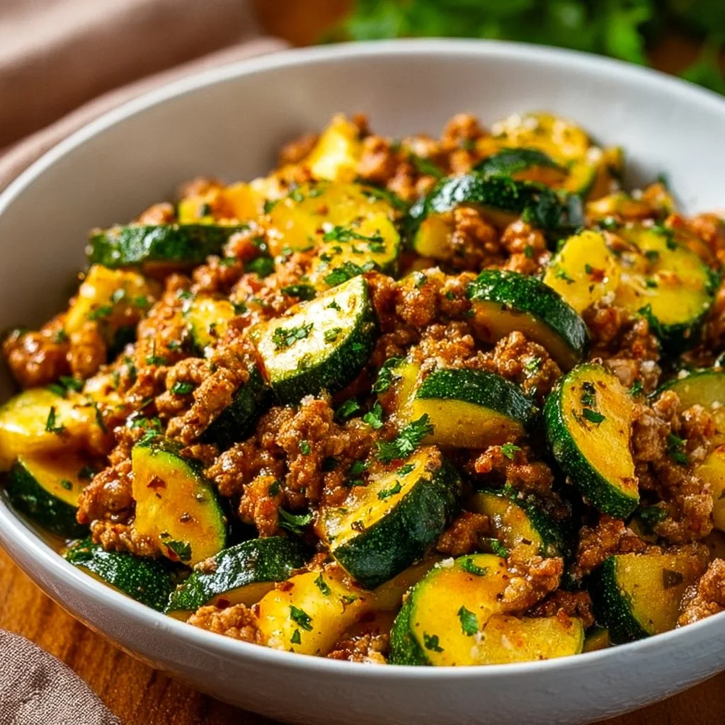 Ground Turkey and Zucchini Skillet served in a bowl with fresh herbs.