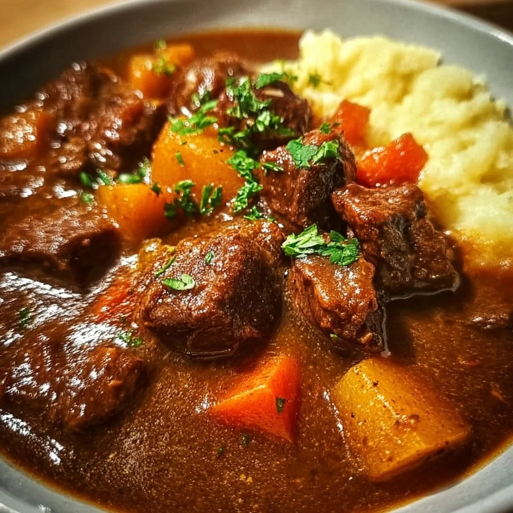 A delicious bowl of Guinness beef stew with vegetables and herbs