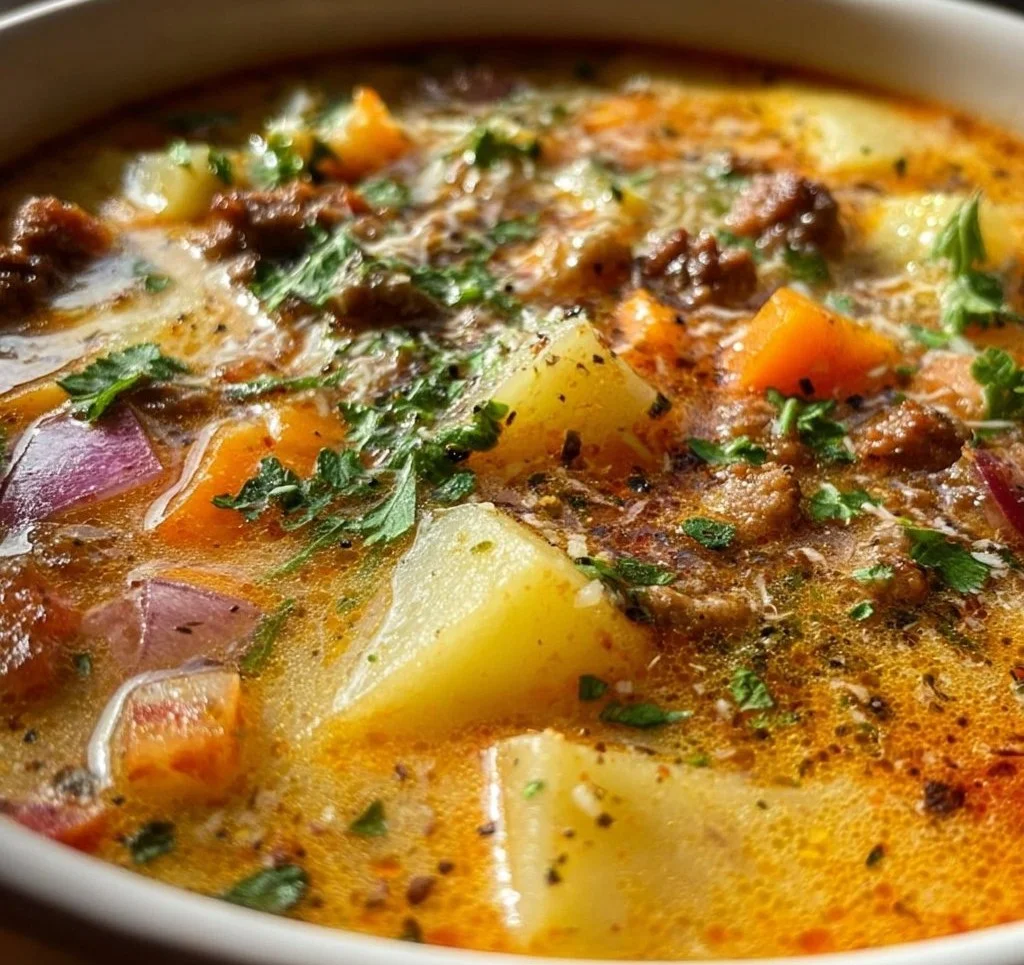 Bowl of hearty Hamburger Potato Soup topped with herbs and spices