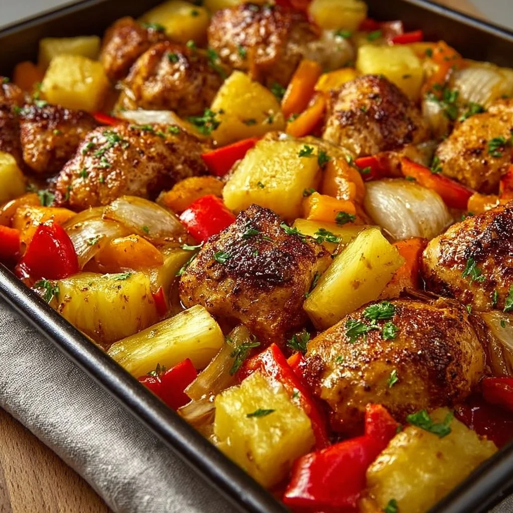 Hawaiian Chicken Sheet Pan Dinner with vibrant vegetables and pineapple.