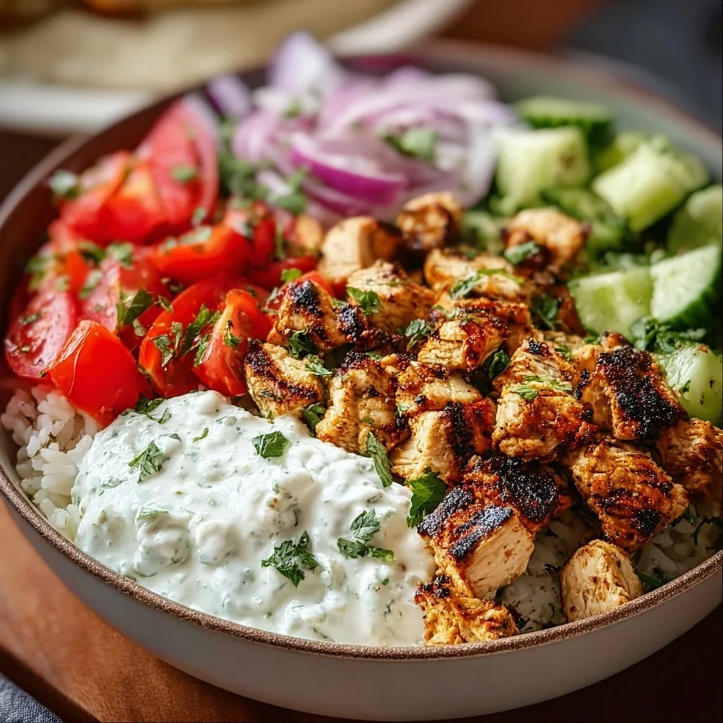 Healthy chicken gyro bowls with fresh vegetables and tzatziki sauce