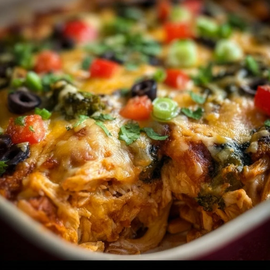 Healthy chicken burrito casserole topped with fresh ingredients
