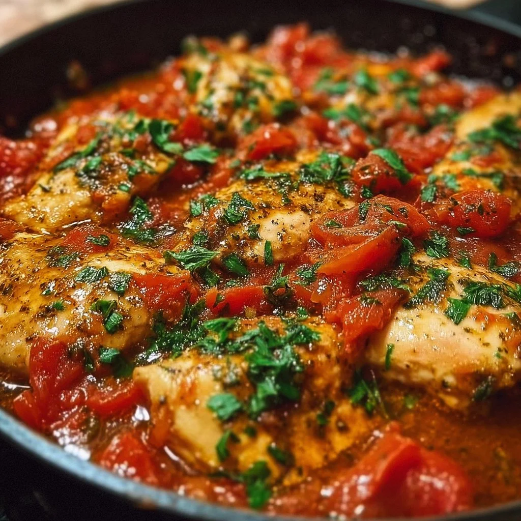 Healthy chicken pomodoro skillet with fresh tomatoes and basil
